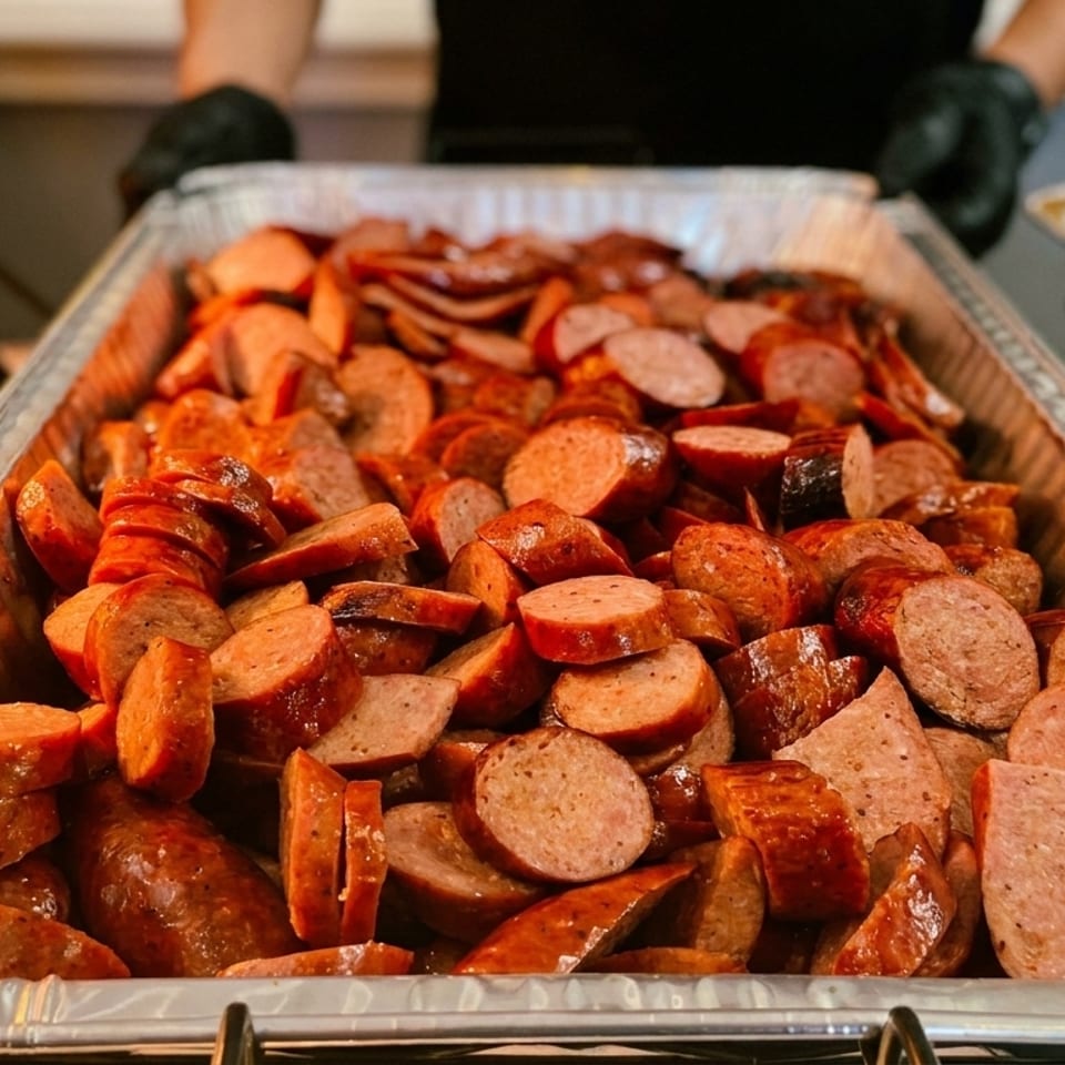 A large foil pan filled with sliced, grilled sausages, ready to be served.