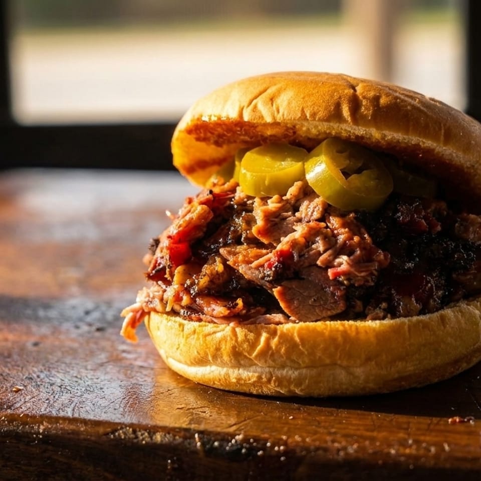 A pulled pork sandwich topped with sliced jalapeños on a wooden surface.