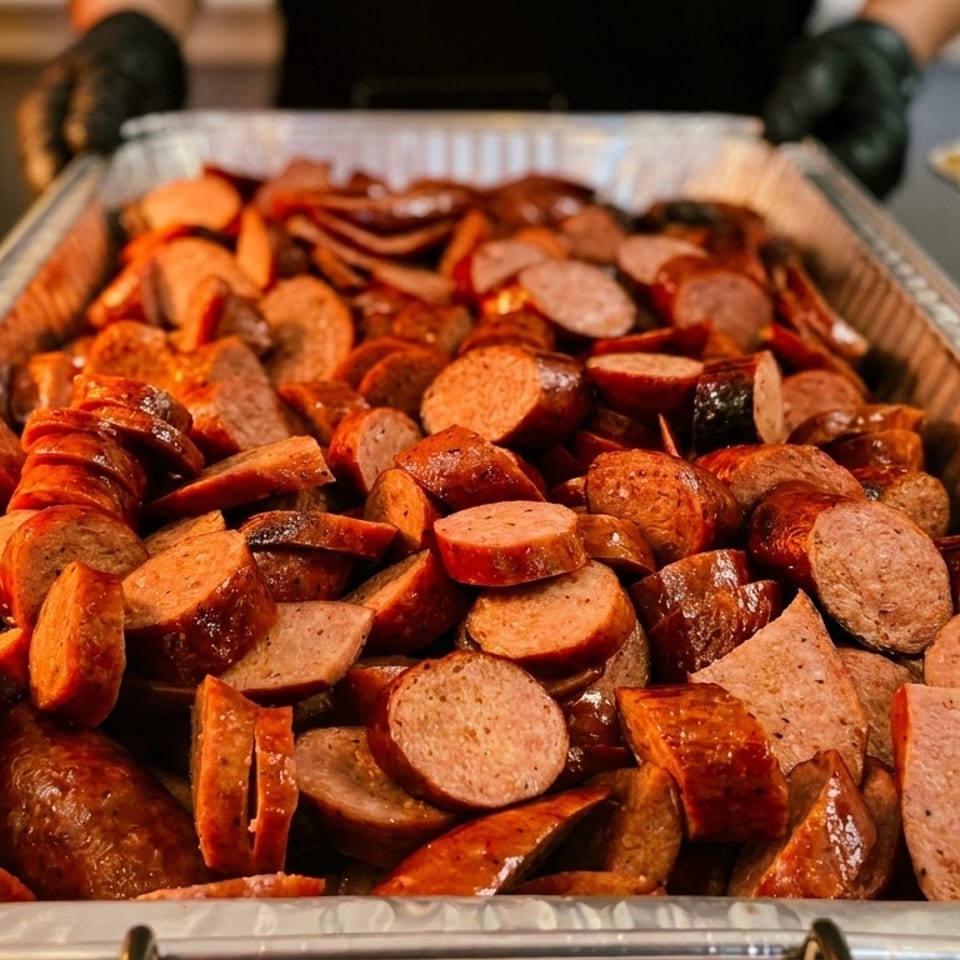 Close-up of a large foil pan filled with sliced, grilled sausages, ready for serving.