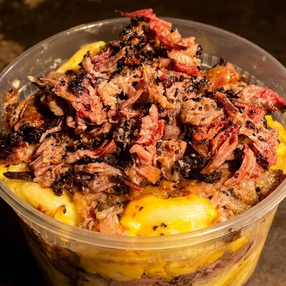 Close-up of a clear plastic container filled with mac and cheese topped with shredded brisket.