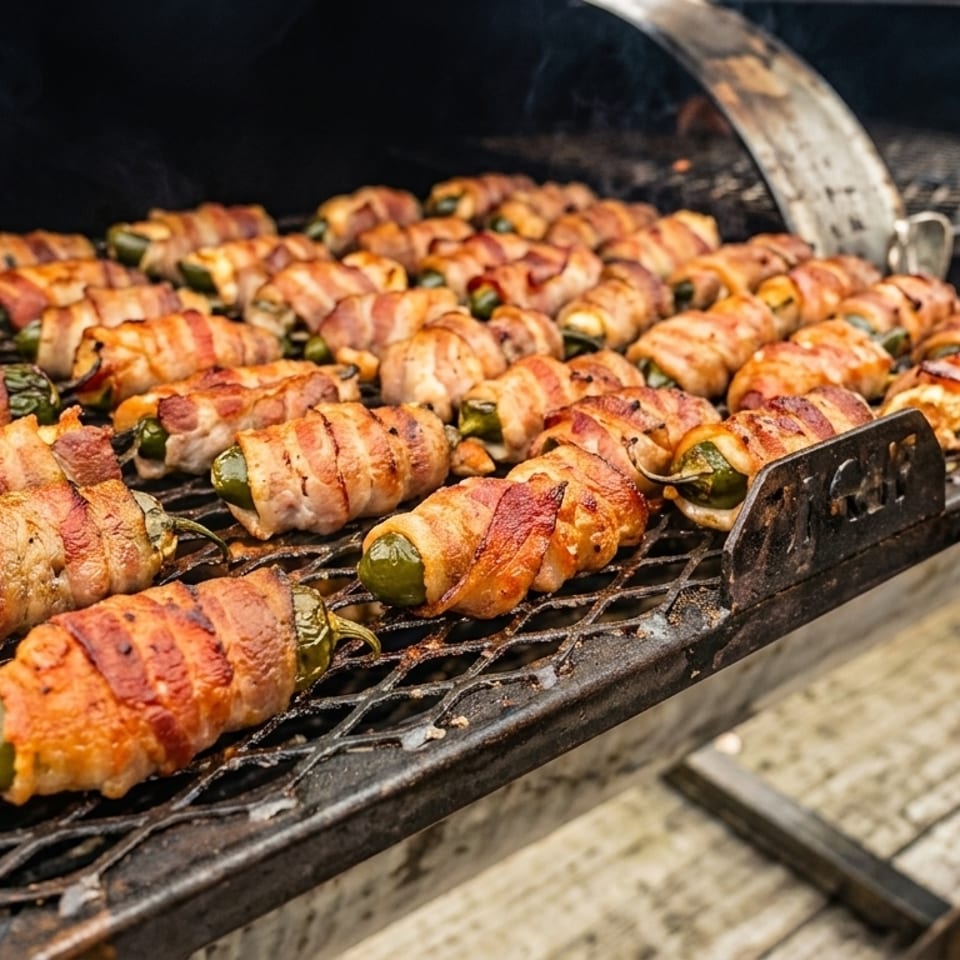 Numerous bacon-wrapped jalapeño poppers cooking on a dark, smoky grill grate.